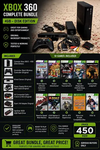 Xbox 360 E Console Bundle (4GB)(TRA)(disk edition) + Kinect + Official Controller + 10 Games