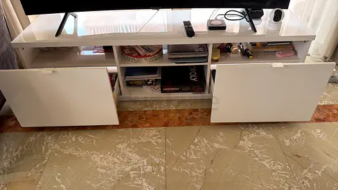 White low TV unit with storage cabinets - good condition