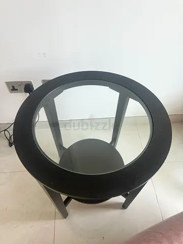Round Black Glass Top Side Table with Lower Shelf