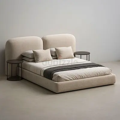 Beige Upholstered Double Bed with Padded Headboard - Modern Low Platform
