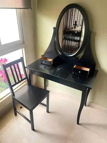 Black Wooden Dressing Table with Mirror and Chair