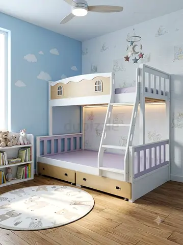 White and Wood Bunk Bed for Kids with Storage Drawers
