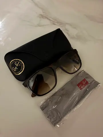 Ray-Ban style brown sunglasses with hard case and cleaning cloth