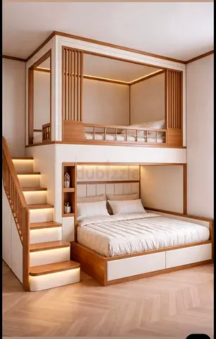 Modern wooden bunk bed with storage and LED lighting