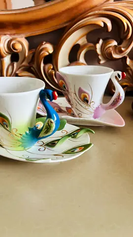 Set of 2 Hand-Painted Peacock Porcelain Teacups with Saucers