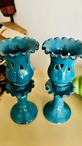 Pair of vintage turquoise ceramic candlestick holders