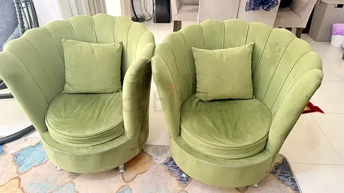 Pair of Green Scalloped Velvet Armchairs