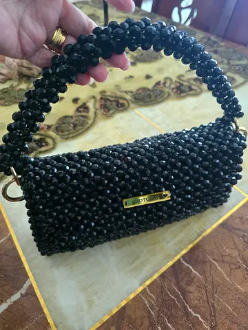 Handmade beaded black evening handbag / clutch with top handle