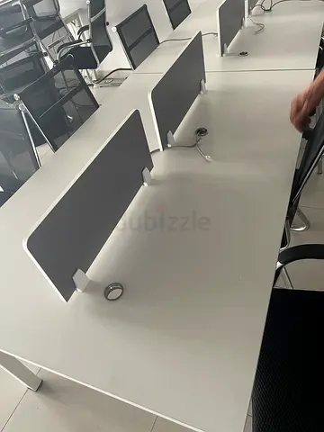 White shared office workbench / benching desks with cable ports - set