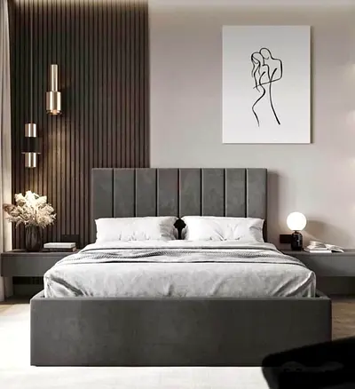 New Modern grey upholstered platform bed with tall headboard - King/Queen (please confirm size)