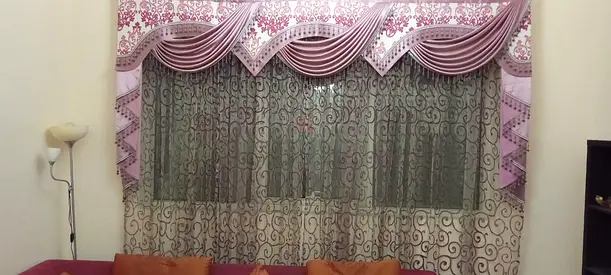 Decorative layered curtains with valance - used, good condition