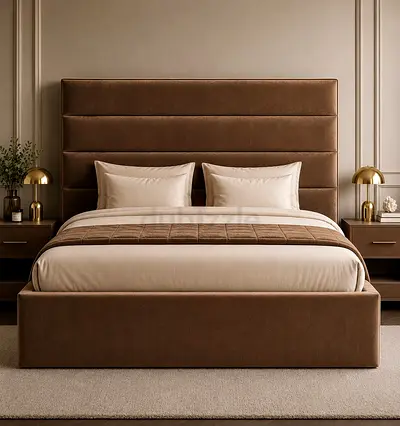 Brand New Queen Upholstered Bed Frame with Padded Headboard - Brown