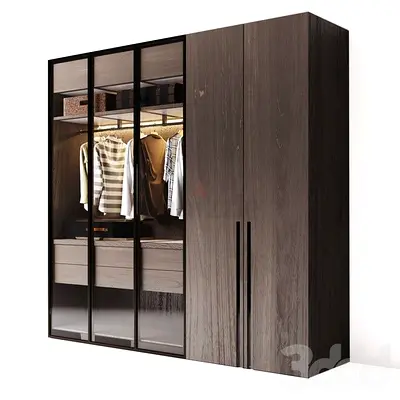 Modern Dark Wood Wardrobe with Glass Doors and Built-in Drawers