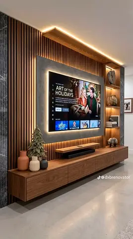 Wall-mounted wooden TV entertainment unit with built-in shelving