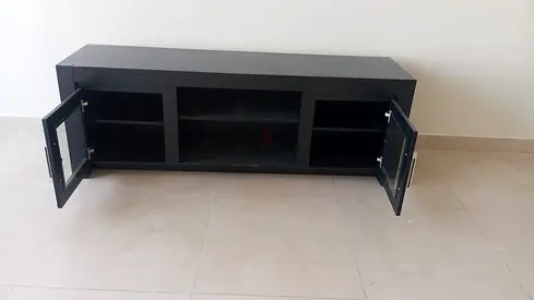 Low Black TV Console Cabinet with Glass Doors - Good Condition