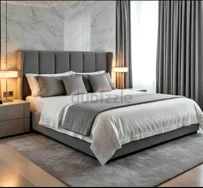 Queen size upholstered platform bed with headboard - Grey