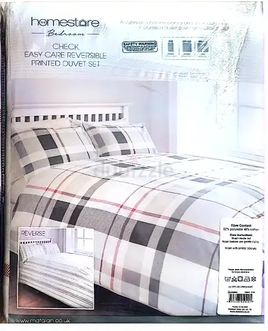 2 pieces of Easy Care Reversible Printed Duvet Set - 135cm by 200cm (Grey Plaid) plus pillow cases