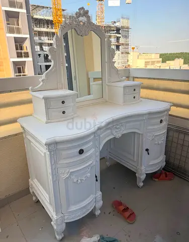 Vintage White Dressing Table with Mirror and Drawers