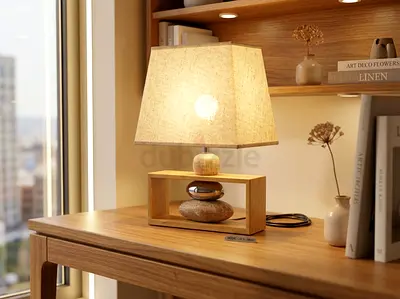 Wooden Table Lamp with Fabric Shade - Modern Minimalist