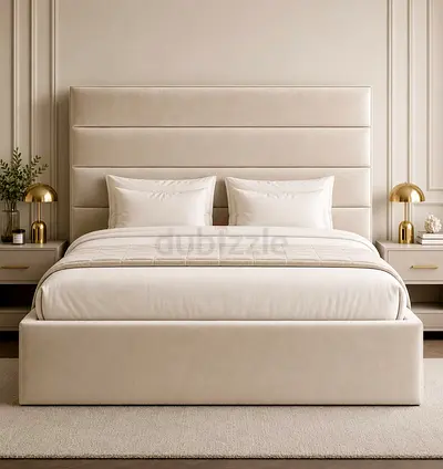 Brand New Beige Upholstered queen Size Bed with Padded Headboard