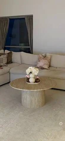 Round ribbed travertine stone coffee table - beige, good condition