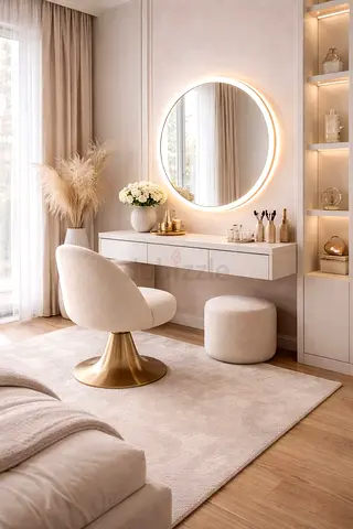 Beige Modern Vanity Set with Lighted Round Mirror and Stool