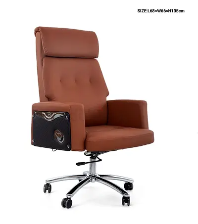 Brown Leather High-Back Office Chair with Headrest and Wheels