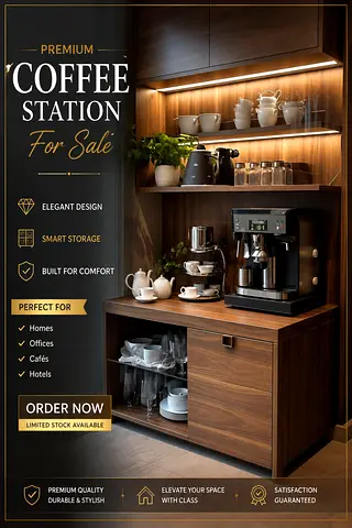 Compact Built-in Coffee Station Cabinet in Dark Wood