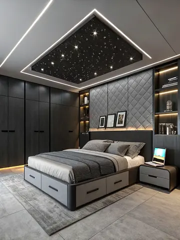 Modern grey upholstered bed with storage drawers and matching nightstand