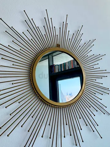 Round Sunburst Decorative Wall Mirror - Aged Gold Metal Frame, Diameter:76cm