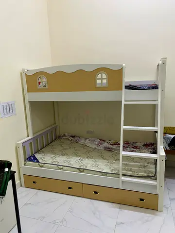 White and Beige family Bunk Bed with Drawers and Ladder - Good Condition