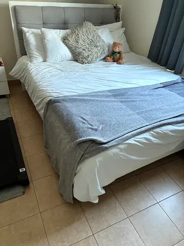 Queen size upholstered bed frame with headboard - light grey