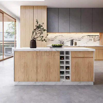 Modern wooden kitchen island with marble countertop and wine rack