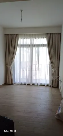 Beige floor-to-ceiling curtains with sheer voile - set of fitted panels