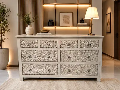 Art and craft Hand Carved mango wood 6 Drawers of chest Drawers