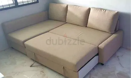 Beige L-Shaped Pull Out Sofa Bed