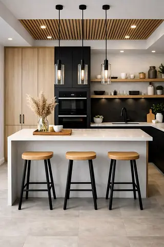 Modern kitchen island with 3 wooden bar stools and pendant lights
