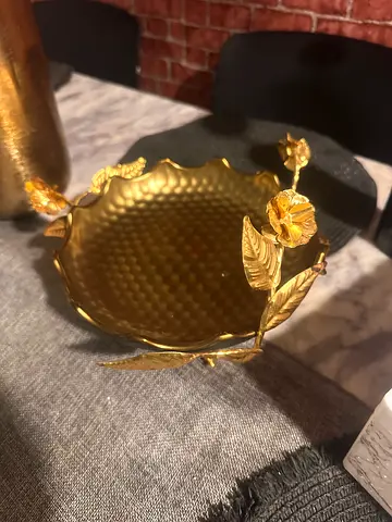 Vintage Gold-Tone Decorative Bowl with Rose Handles