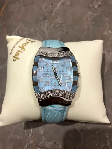 Flashy Watch with Stones and Blue Leather Strap