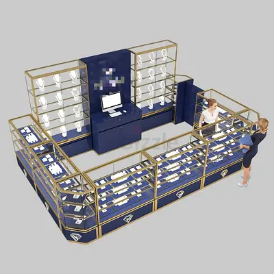 Modular Blue & Gold Jewelry Display Counters and Wall Units