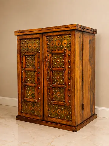 Marina Solid Wood Bar Brass work Cabinet with Wine Rack & Glass Holders – Brown Finishing