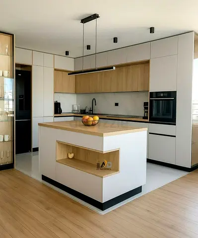 Modern white and wood kitchen island with built-in storage