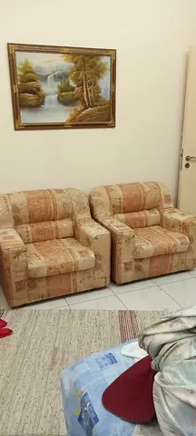 Pair of Upholstered Armchairs - Beige Patterned, Good Condition