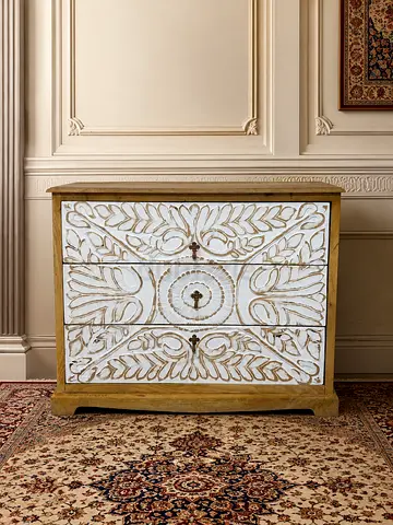 Solid wood Dresser Drawers Cabinet Kitchen and Living Room Storage|Solid Wood|Natural + White Matte