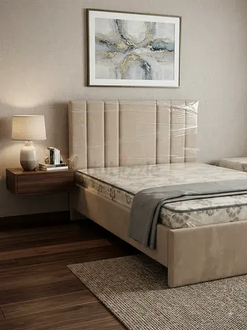 Double Bed Beige Upholstered Bed Frame with Padded Headboard