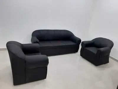 New 3-piece black fabric sofa set — 3-seater + 2 armchairs,