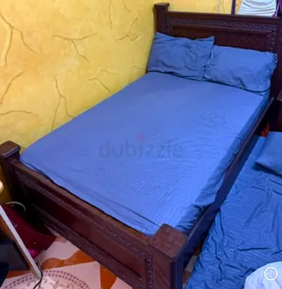 One and a Half Size local original Wooden Bed + Mattress + Bedside Table – only AED 200