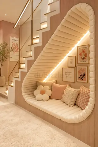 Built-in Curved Banquette Seating Nook with Upholstered Cushions