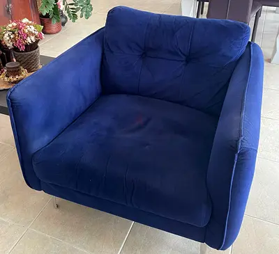 Blue Velvet Armchair - Single Seat, Good Condition
