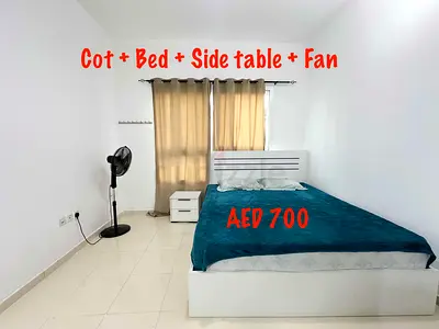 White Bed Frame with Mattress, Side Table and Standing Fan